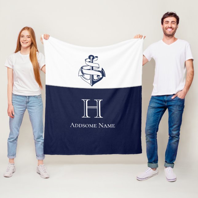 Couverture Polaire Ancre Bleue de la marine nautique Monogramme (En situation)