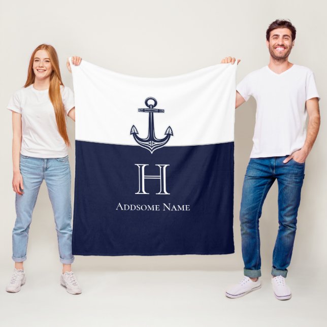 Couverture Polaire Ancre Bleue de la marine nautique Monogramme (En situation)