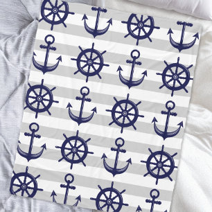 Couverture Polaire Ancre Bleue Marine Roue De Bateau Rayure Grise Nau