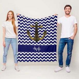 Couverture Polaire Ancre Chevron Monogramme Bleu Marine scintillant O
