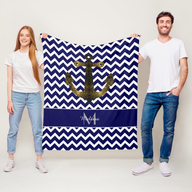 Couverture Polaire Ancre Chevron Monogramme Bleu Marine scintillant O (En situation)