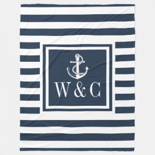 Couverture Polaire Ancre de bateau nautique rayée bleu marine Monogra