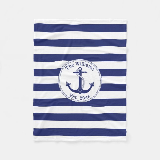 Couverture Polaire Ancre nautique Marine Blue Stripes Nom de famille (Devant)