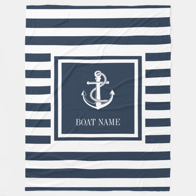 Couverture Polaire Ancre nautique rayée bleu marine nom de bateau (Devant)