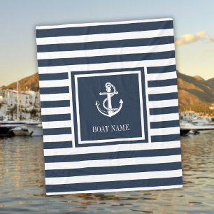 Couverture Polaire Ancre nautique rayée bleu marine Nom du bateau