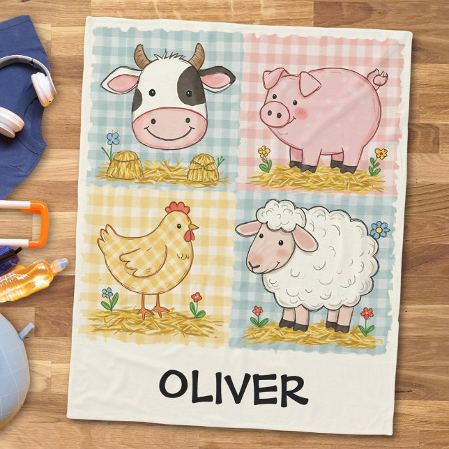 Couverture Polaire Animaux de ferme mignons à carreaux de grange (Créateur téléchargé)