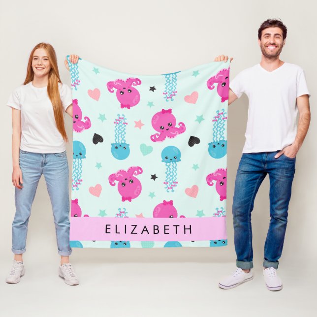 Couverture Polaire Animaux de mer, poulpe, méduse, Coeurs, Votre nom (En situation)