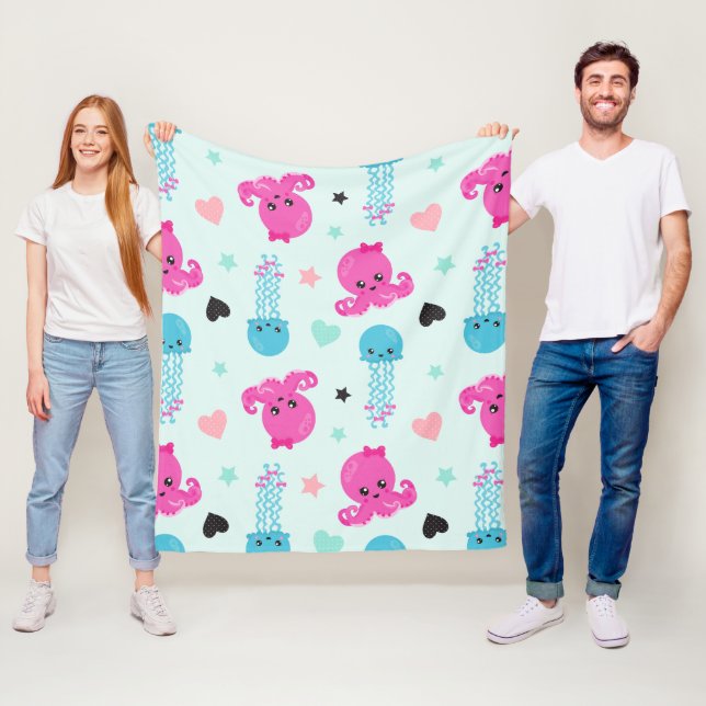 Couverture Polaire Animaux de mer, Vie de mer, poulpe, méduses, Coeur (En situation)