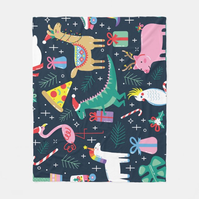 Couverture Polaire Animaux De Noël, Design Sans Fil. (Devant)