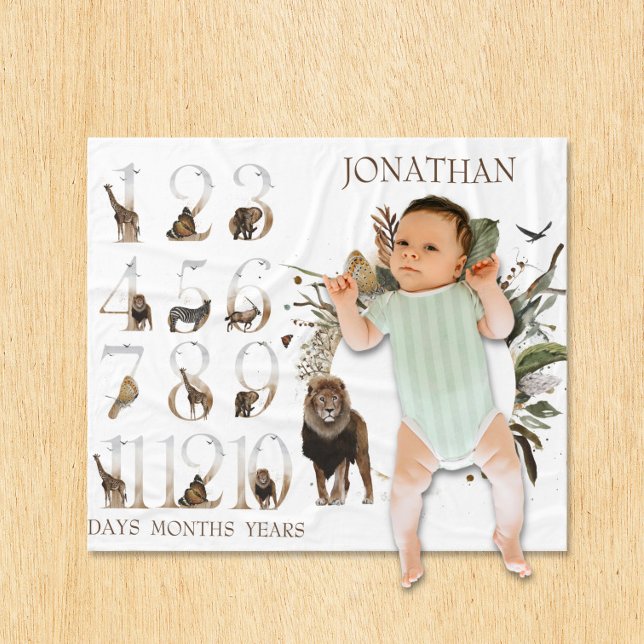 Couverture Polaire Animaux de Safari Jungle Chiffres Milestone Âge Li (Créateur téléchargé)