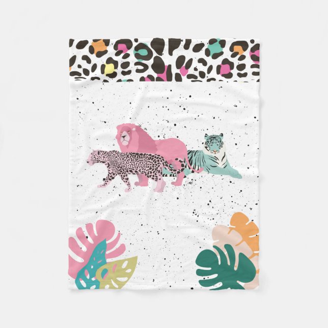 Couverture Polaire Animaux sauvages colorés et Feuilles tropicaux (Devant)