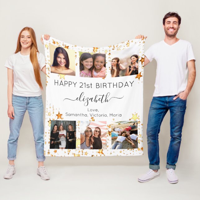 Couverture Polaire Anniversaire blanc or amis photo collage (En situation)