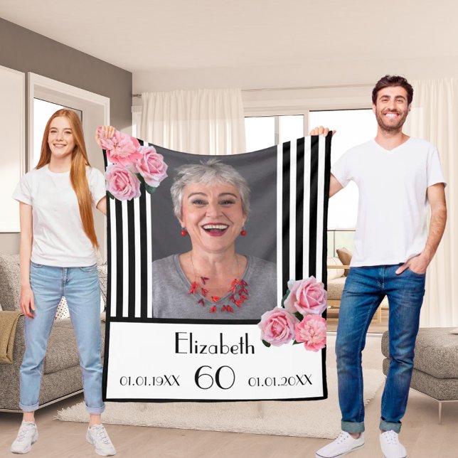 Couverture Polaire Anniversaire noir blanc rayures florales photo (Créateur téléchargé)