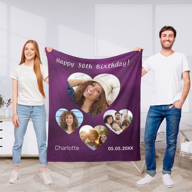Couverture Polaire Anniversaire nom âge photo coeur collage femme vio (Créateur téléchargé)