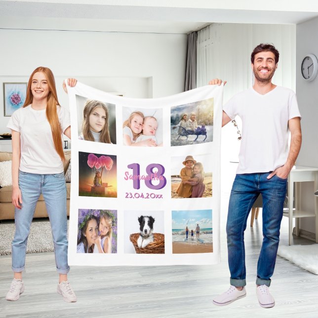 Couverture Polaire Anniversaire photo collage blanc nom pourpre (Créateur téléchargé)