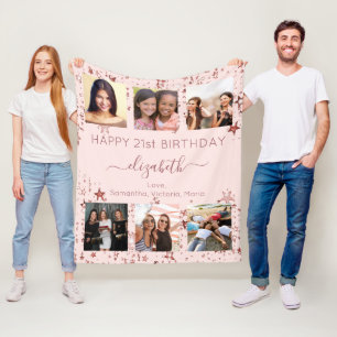 Couverture Polaire Anniversaire photo collage rose or meilleurs amis