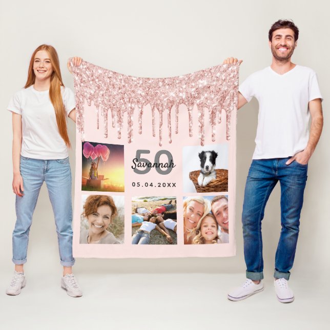 Couverture Polaire Anniversaire photo collage rose or parties scintil (En situation)