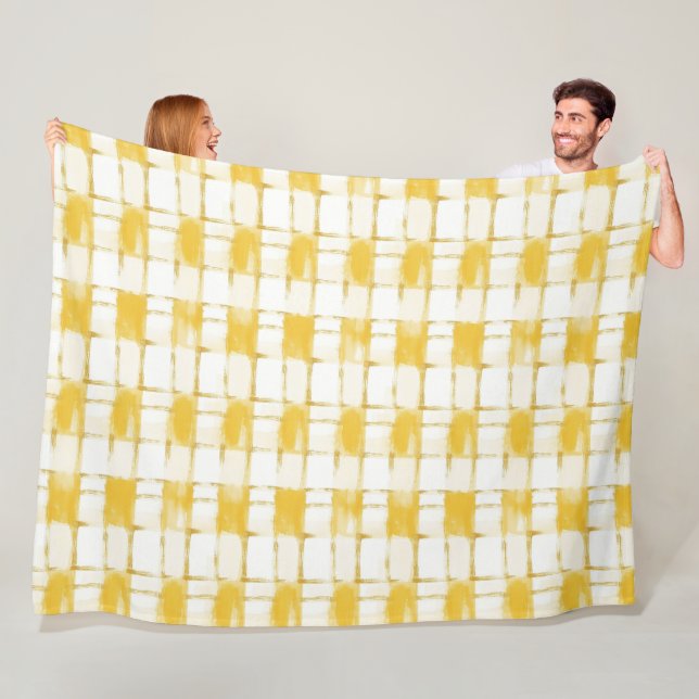 Couverture Polaire Anniversaire Rayures Carreaux Blanc Or Jaune (En situation)