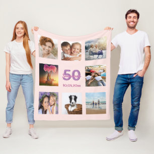 Couverture Polaire Anniversaire rose or blush photo collage nom