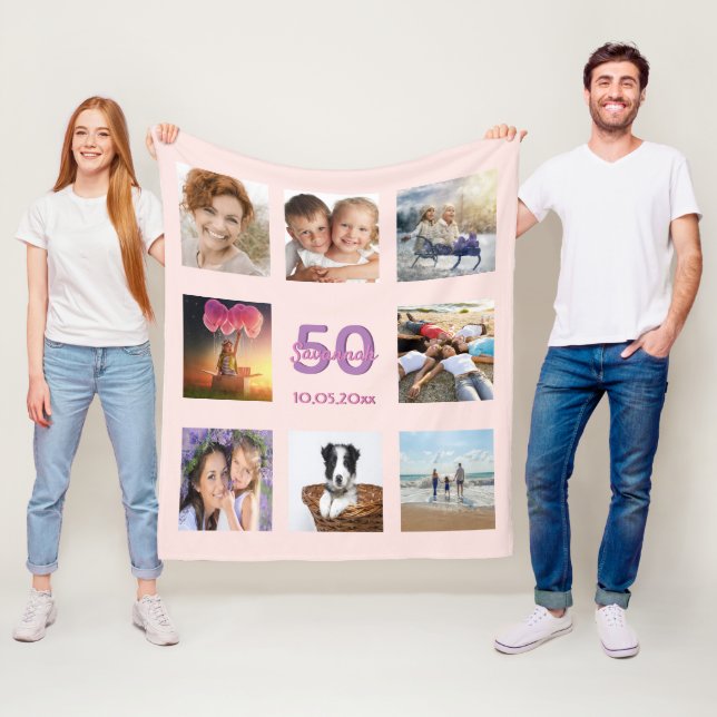 Couverture Polaire Anniversaire rose or blush photo collage nom (En situation)