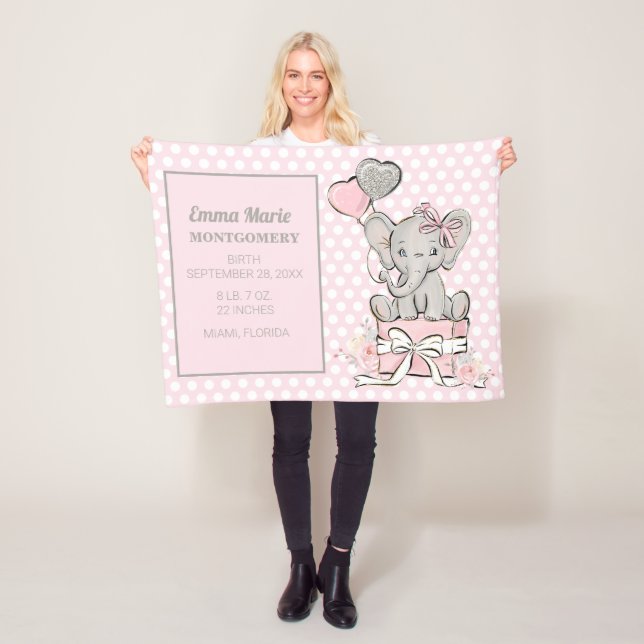 Couverture Polaire Annonce de naissance Bébé Fille Eléphant Rose Arge (En situation)