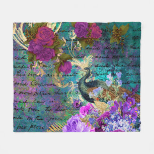 Couverture Polaire Antique Paon et Fleurs Illustrés Grunge