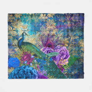 Couverture Polaire Antique Paon Illustré & Fleurs Grunge