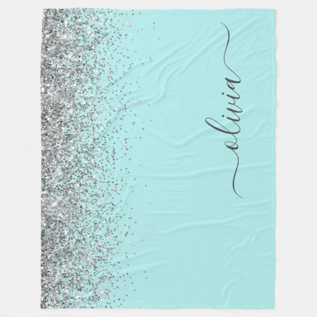 Couverture Polaire Aqua Bleu Turquoise Argent Paillettes Monogramme (Devant)
