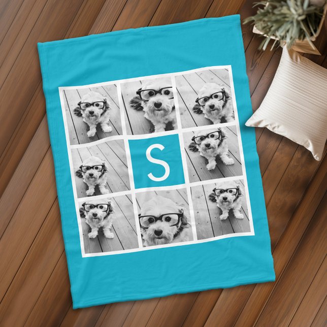 Couverture Polaire Aqua Blue 8 Photo Collage Monogramme personnalisé (Personalized fleece blanket with 8 photos and a monogram)