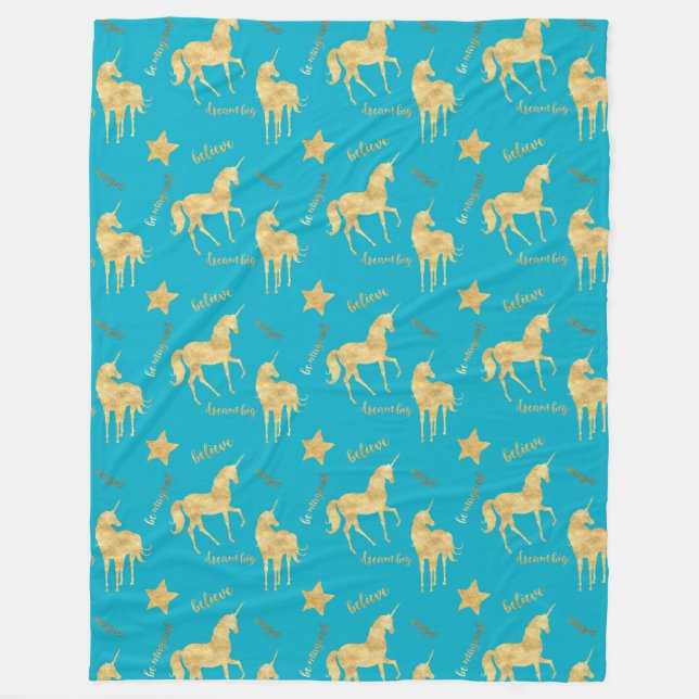 Couverture Polaire Aqua Blue Gold Magical Unicorn Birthday (Devant)