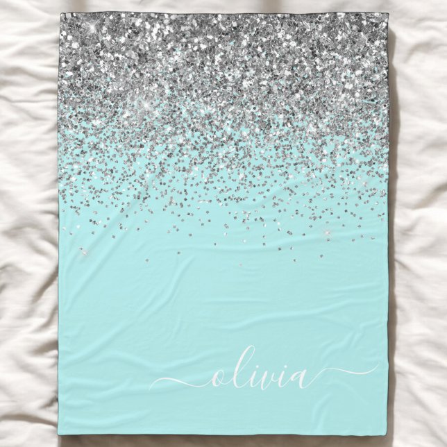 Couverture Polaire Aqua Blue Turquoise Argent Paillettes Monogramme (Créateur téléchargé)