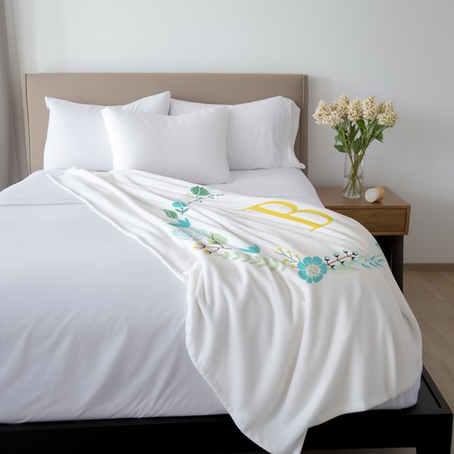 Couverture Polaire Aqua et Yellow Monogramme Floral Wreath (Créateur téléchargé)