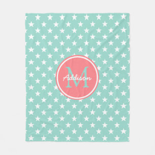 Couverture Polaire Aqua frais et monogramme rose de corail d'étoiles