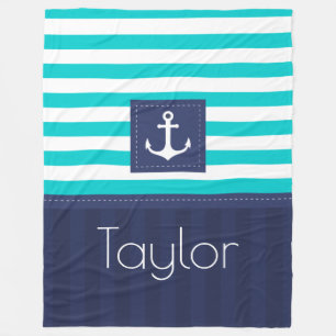 Couverture Polaire Aqua Navy Blue Nautical Stripes Design Ancre