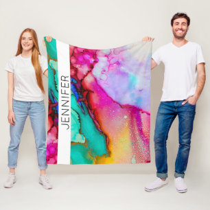 Couverture Polaire Aquarelle Abstraite en marbre rose et vert