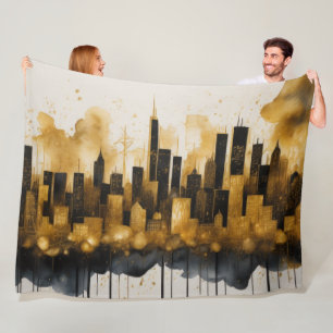 Couverture Polaire Aquarelle Abstraite Peinture Gold Cityscape