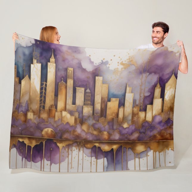 Couverture Polaire Aquarelle Abstraite peinture or Cityscape violet (En situation)
