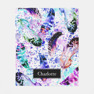 Couverture Polaire Aquarelle Arc-en-ciel Plumes de saumons avec nom