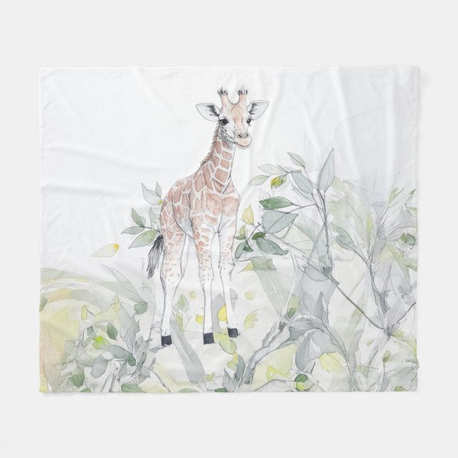 Couverture Polaire Aquarelle Baby Giraffe avec feuillage (Devant (Horizontal))