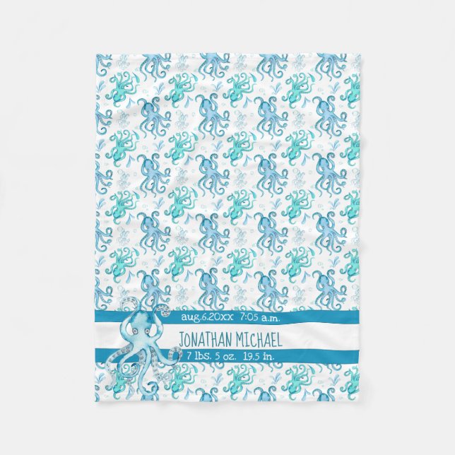 Couverture Polaire Aquarelle bleu et Turquoise Nom de la pieuvre (Devant)