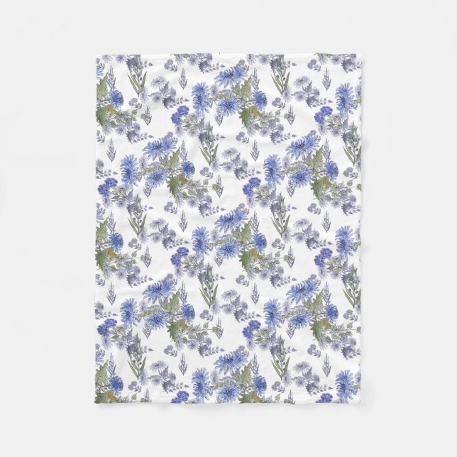 Couverture Polaire Aquarelle bleu fleurs roses plumes blanc (Devant)
