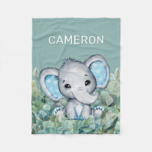 Couverture Polaire Aquarelle bleu vert Eléphant Nom personnalisé