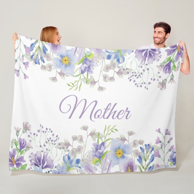 Couverture Polaire Aquarelle bleu violet mère florale (En situation)