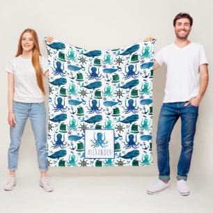 Couverture Polaire Aquarelle bleue Nautique Sous La Mer Octopus