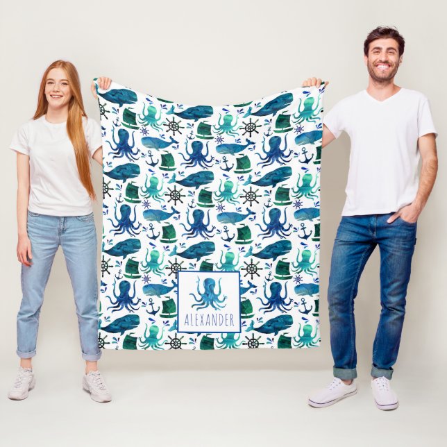 Couverture Polaire Aquarelle bleue Nautique Sous La Mer Octopus (En situation)