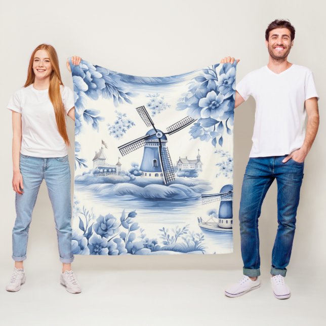 Couverture Polaire Aquarelle Blue Dutch Delft Windmill (En situation)