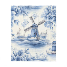 Aquarelle Blue Dutch Delft Windmill