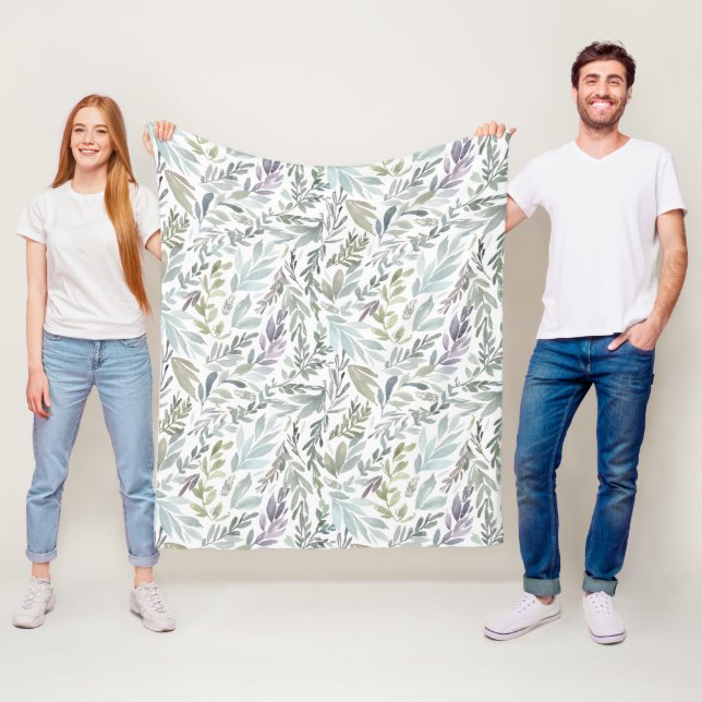 Couverture Polaire Aquarelle botanique bleu vert (En situation)
