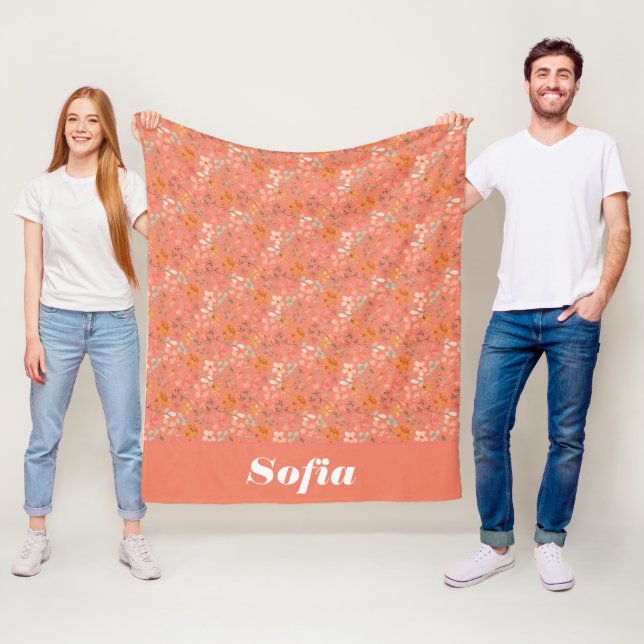 Couverture Polaire Aquarelle botanique motif personnalisé rose orange (En situation)