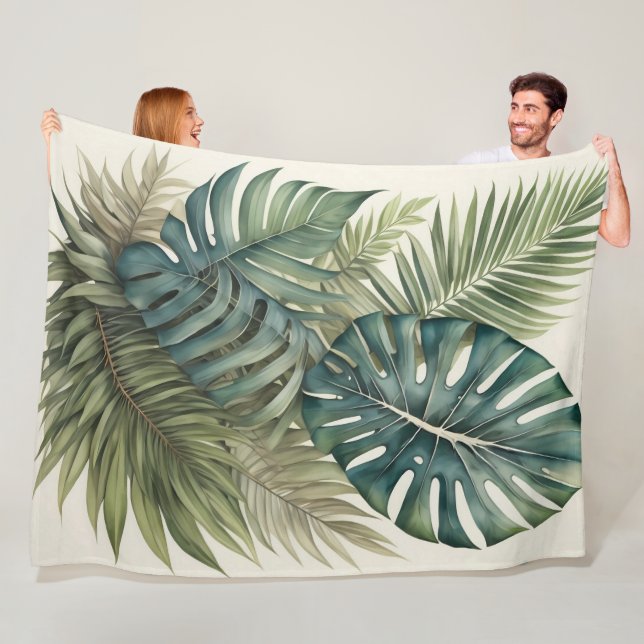 Couverture Polaire Aquarelle Bundle Tropical Monstera Palm Leaf II (En situation)